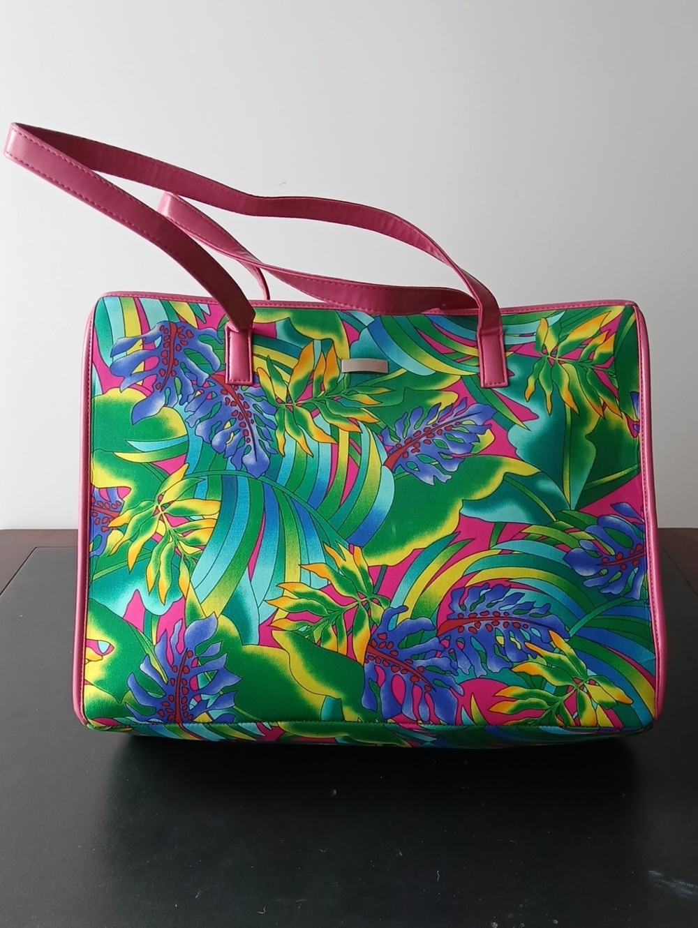 Tropical Leaf Print Tote with Pink Trim